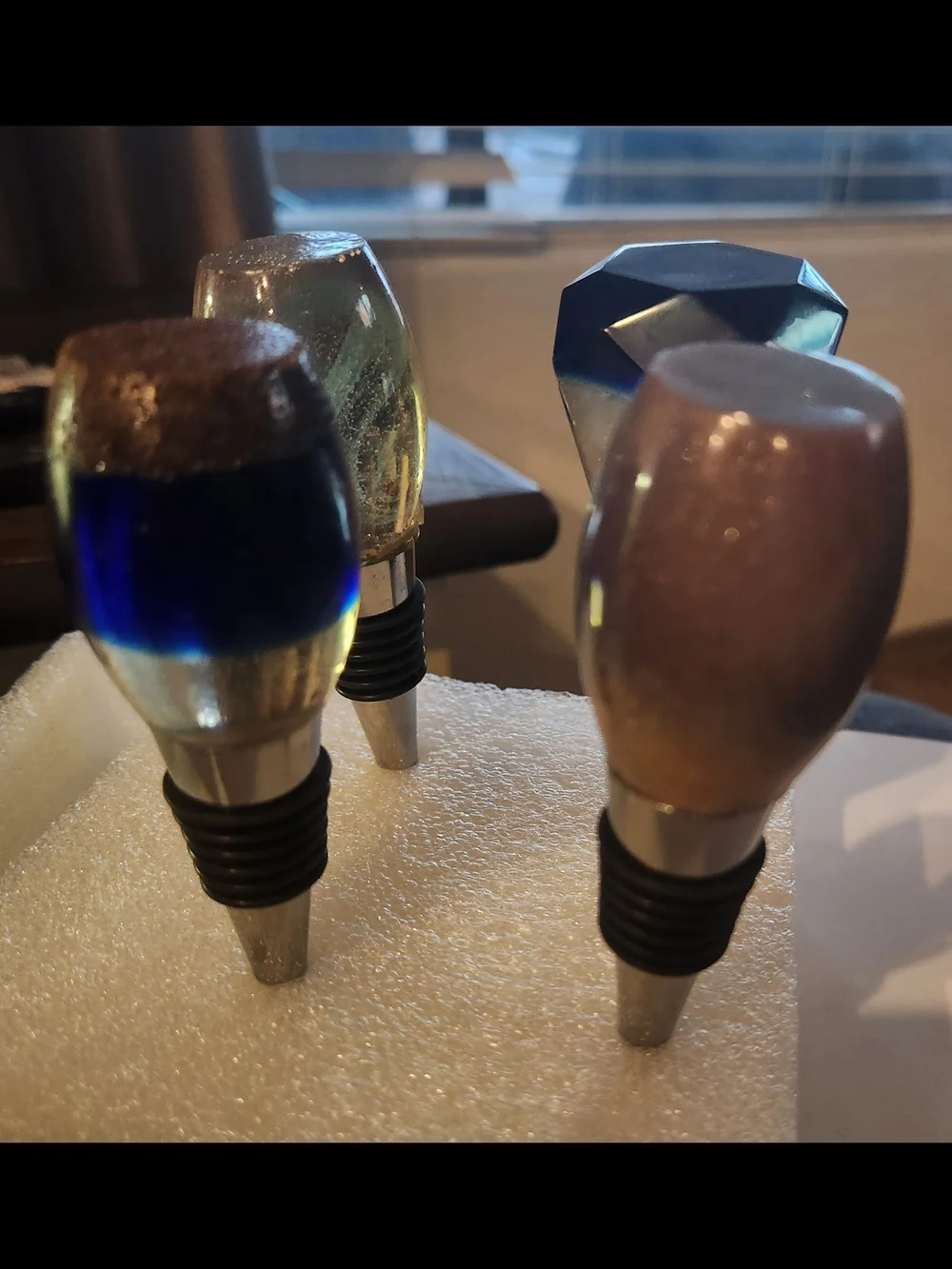 Handmade Resin Wine Bottle Stoppers Set of 4 – Navy, Smoke & Crystal